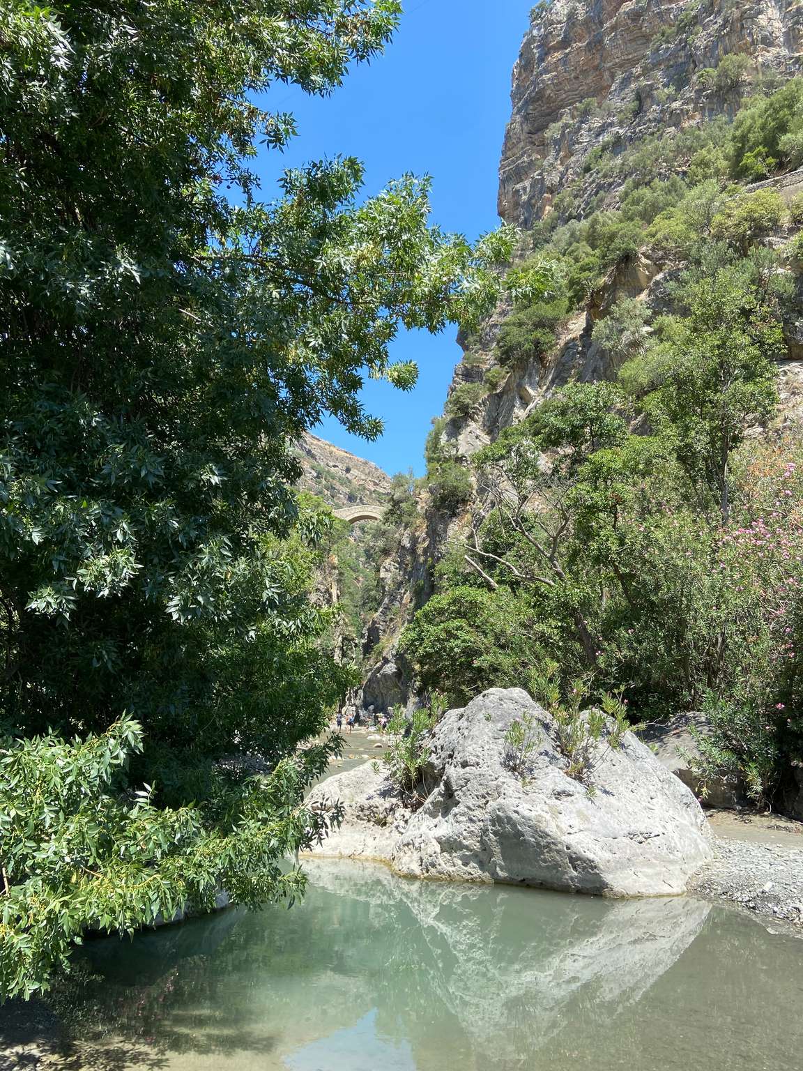 River with a large boulder in the gorge near Civita, with a stone arch bridge in the distance